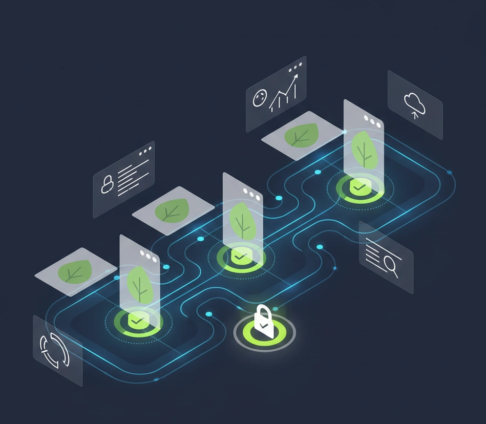 EyryDigital botanical systems automation platform showing a digital intelligence workflow with structured document checkpoints and secure traceability for natural ingredient businesses