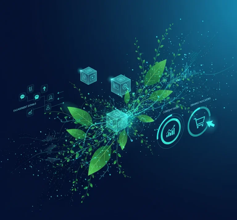 EyryDigital botanical marketing intelligence interface visualizing engagement signals, content nodes, and consumer demand patterns for natural ingredients