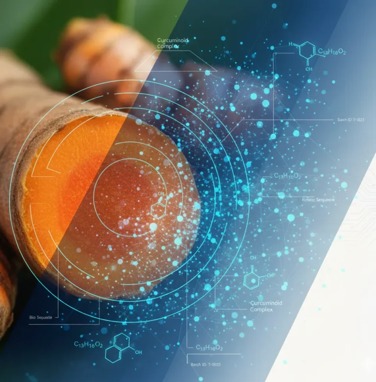 Digital scan lines on a turmeric root illustrating the botanical risk analysis and data extraction process