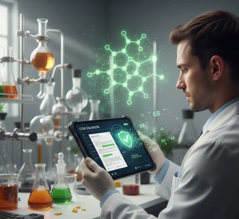 A scientist in a specialized botanical lab using a tablet with a 'COA Validator' interface to transform fragmented research data into a structured knowledge base, featuring a digital molecular overlay to represent high-level Digital Intelligence in ingredient processing