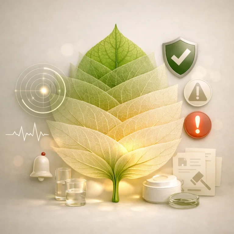 Layered leaf with radar, shield, and alert icons representing continuous monitoring and safety updates