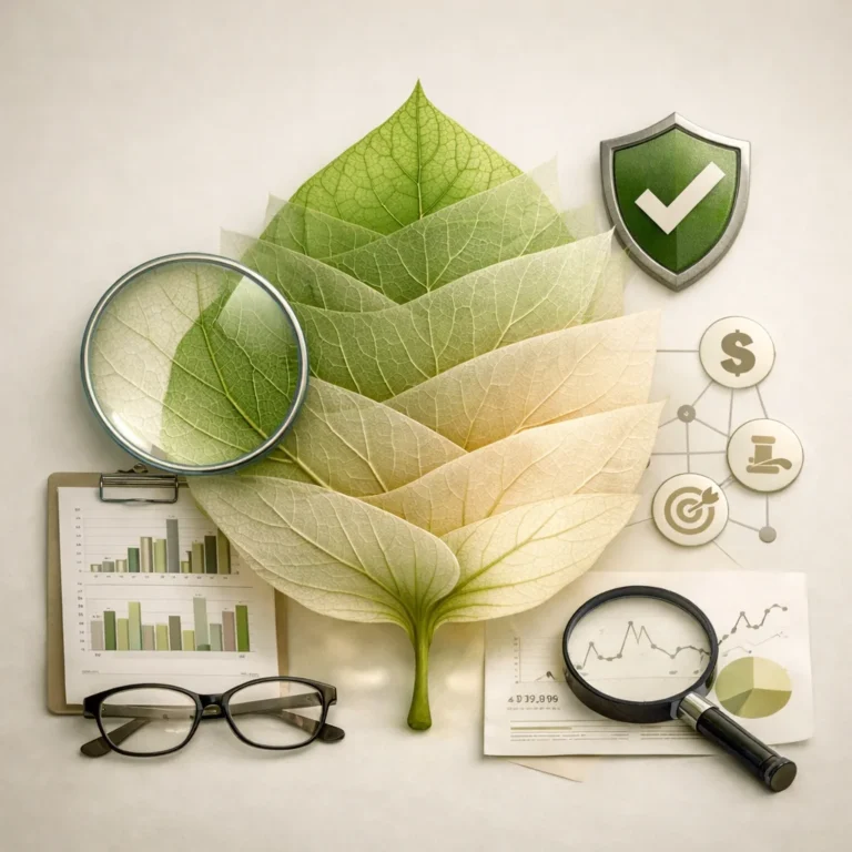 Layered botanical leaf surrounded by analytical charts and shield icon representing investment‑stage ingredient analysis