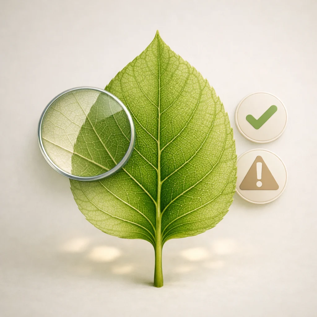 Green leaf with magnifying glass and compliance icons representing early‑stage ingredient risk check