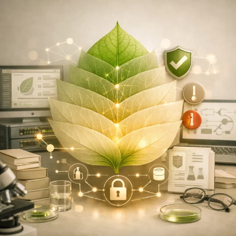 Central layered leaf connected to digital nodes, servers, and padlock icons symbolizing secure intelligence integration
