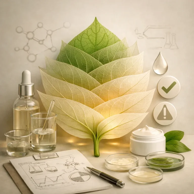 Translucent layered leaf with molecular diagrams, droplet icons, and formulation tools symbolizing product development insights